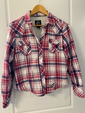Ski-Doo Women’s Medium Embroidered Plaid Shirt Snap Front Pink Purple Lined